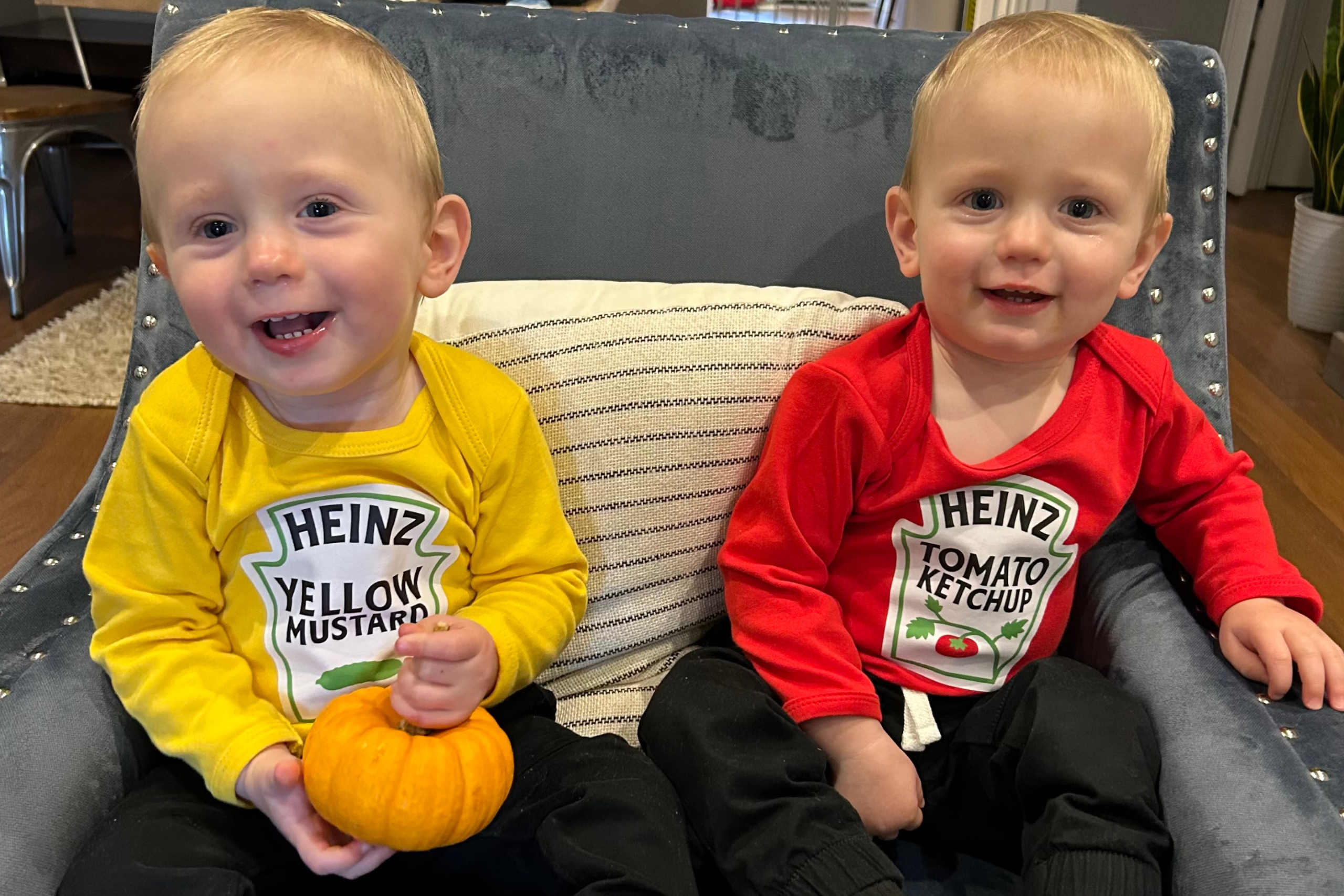 Twins at Halloween in ketchup and mustard shirts