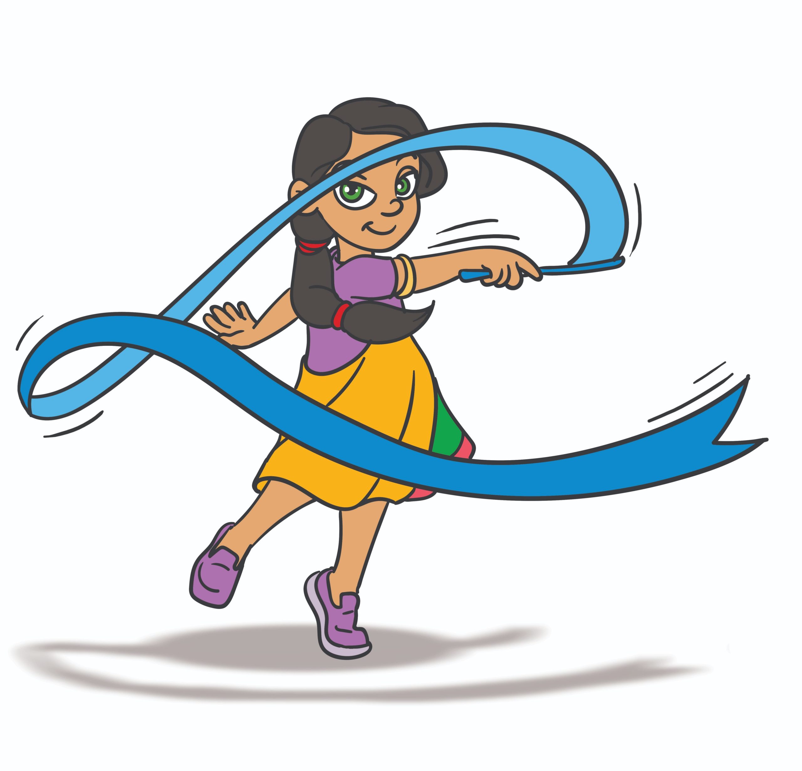 girl dances with a blue ribbon