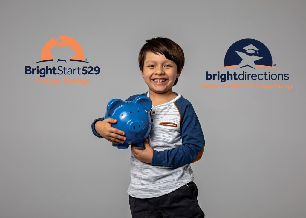 Child holding a blue piggy bank. In the background are logos for Bright Start 529 and Bright Directions 529