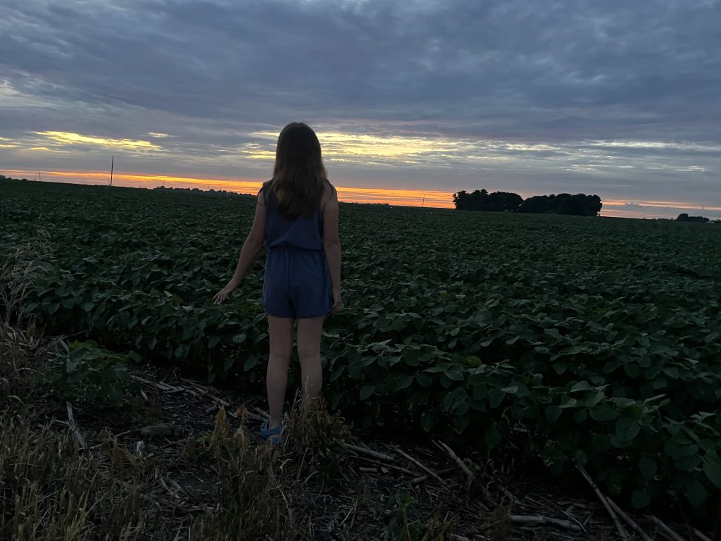 Girl looking across a field at sunset.