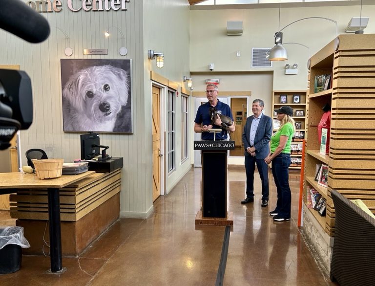 Treasurer Frerichs speaks from a podium as 2 people stand beside him. On a wall to the left is a large photo of a white dog